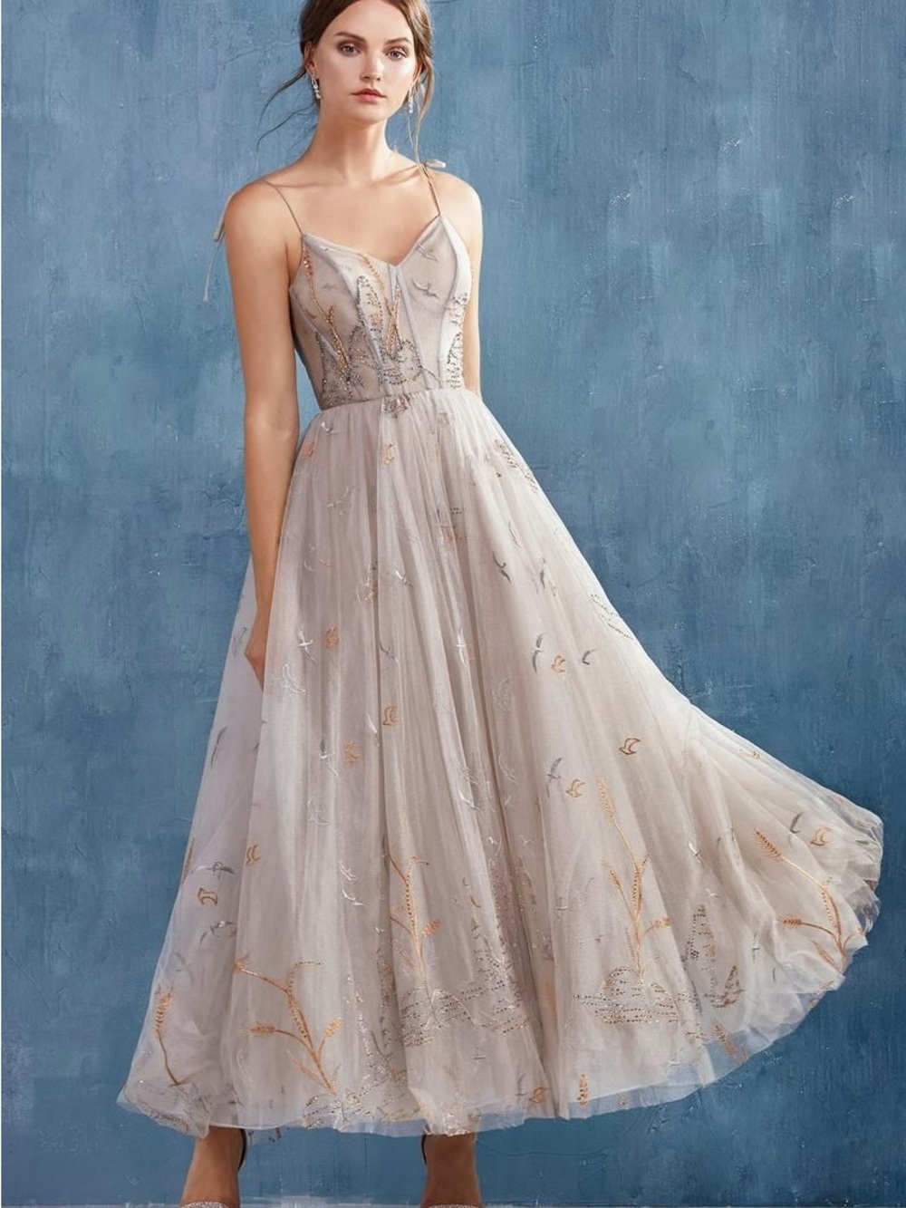 ANDREA & LEO A0987: Elegant Spaghetti-Strap Embroidered Tulle Dress Dusty Nude